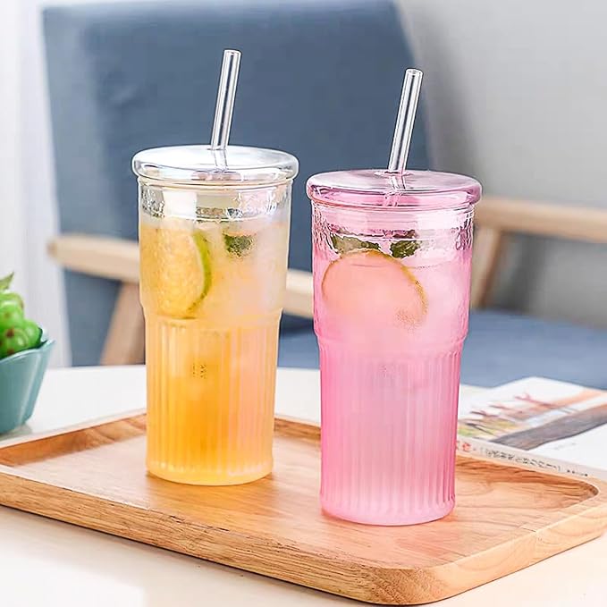 JunVpic Glass Coffee Cups with Lids and Straws, 20 OZ Pink Iced Water Glasses - Image 5