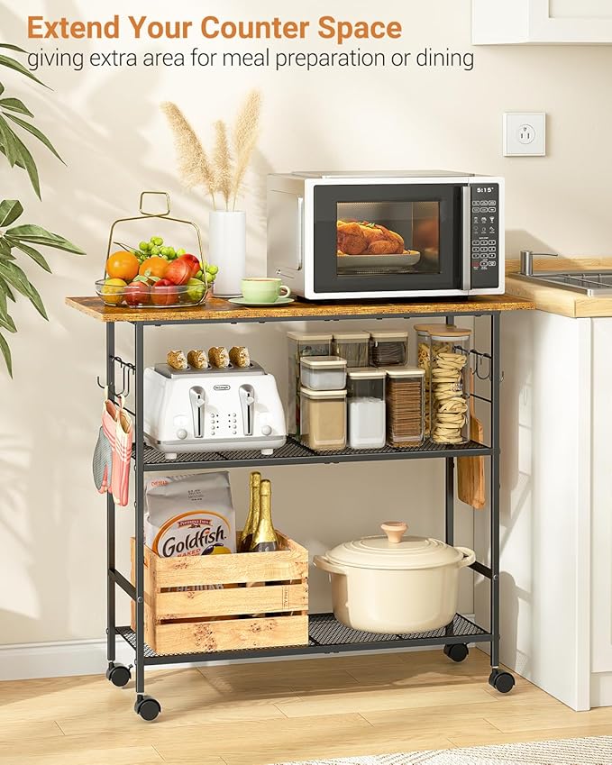 Kitchen Island with 3 Shelves, Rolling Kitchen Cart with 6 Hooks and Protective - Image 3