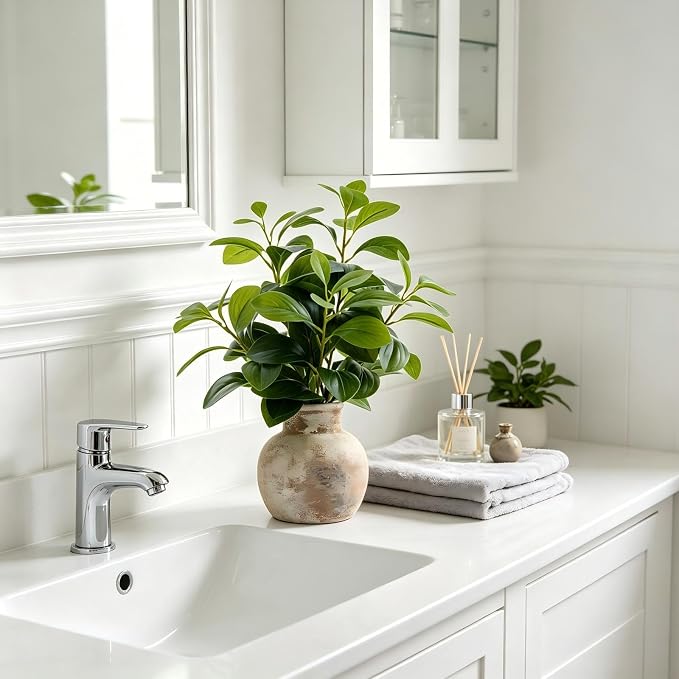 AlphaAcc 17" Artificial Fig Leaf Plant in Vintage Ceramic Pot - Image 8