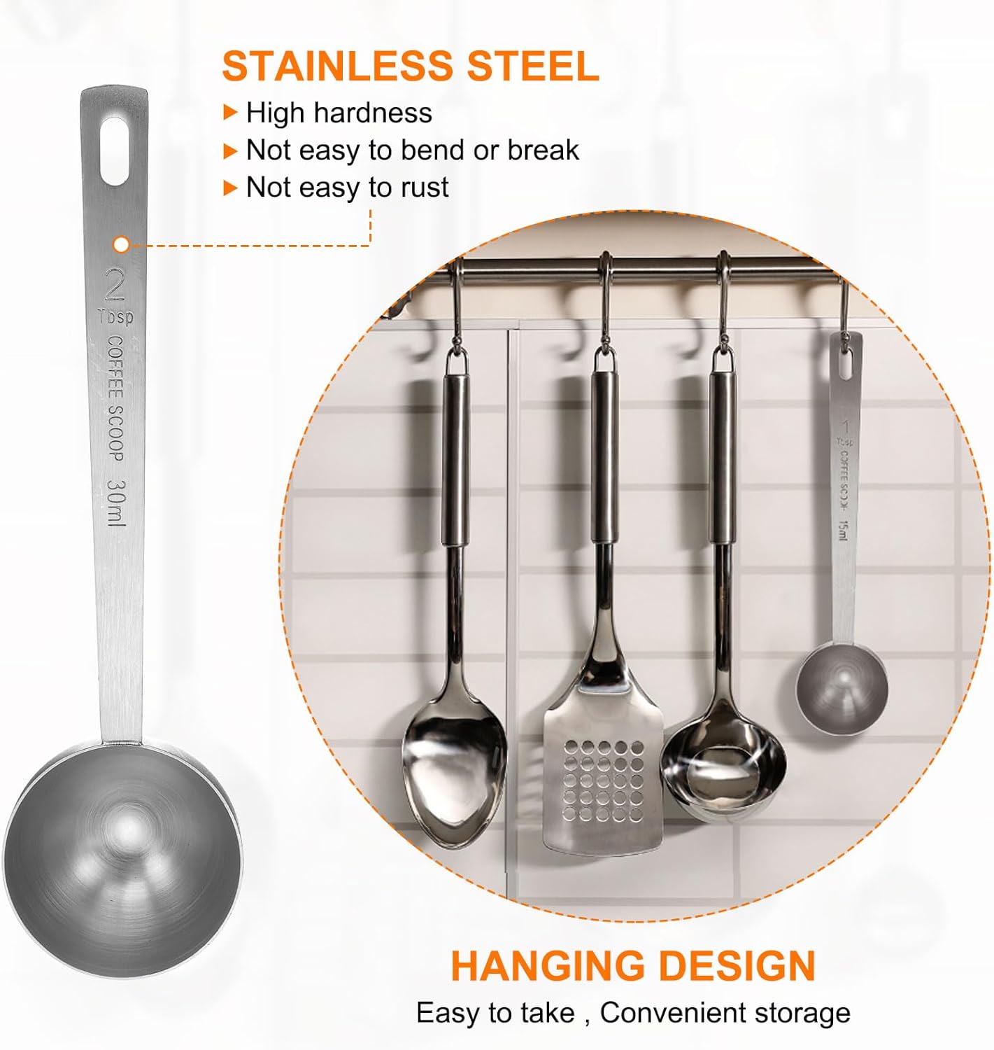 HARFINGTON 3pcs Coffee Scoop Spoon 2tbsp (6tsp, 30ml) 304 Stainless Steel Long Handle Teaspoon/Tablespoon Measuring Spoons Scoops for Tea Sugar Kitchen, Silver