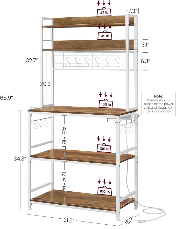VASAGLE Bakers Rack with Power Outlet, Microwave Stand, Kitchen Tall Utility - Image 3