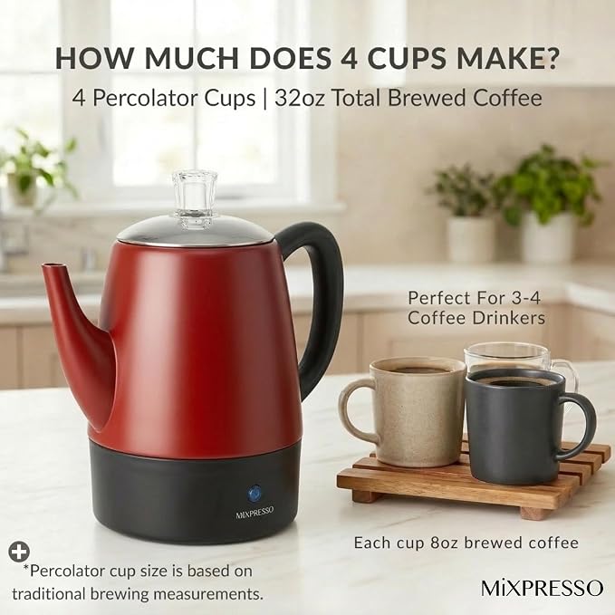 Mixpresso Red Small Electric Percolator Coffee Pot 4 Cup Stainless Steel - Image 7