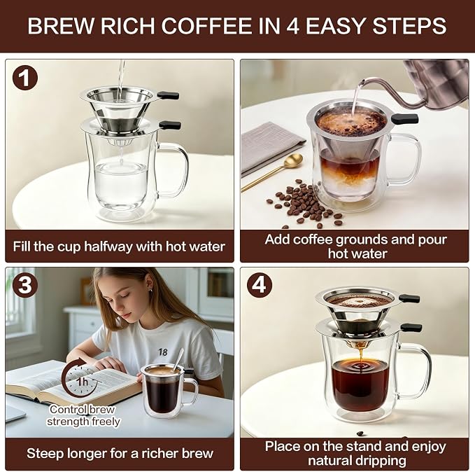 Pour Over Coffee Maker with Cup, 2-in-1 Immersion & Drip Coffee Dripper - Image 3