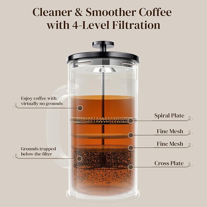 Veken French Press Coffee Maker 34oz, No Plastic Touching Cafe, Thickened Glass - Image 7