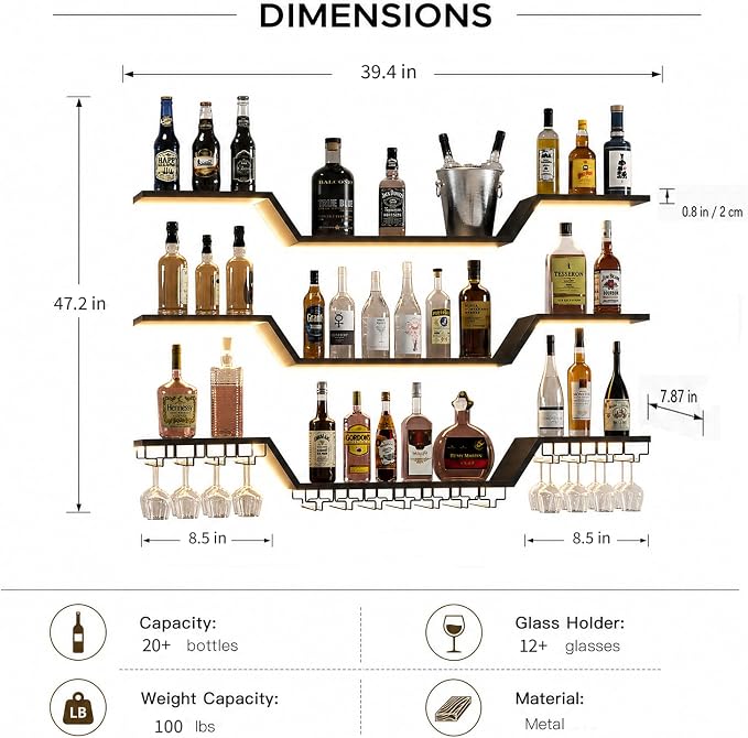 Wall Mounted Wine Rack with LED Lights, 3-Tier Floating Bar Shelves, Hanging - Image 2