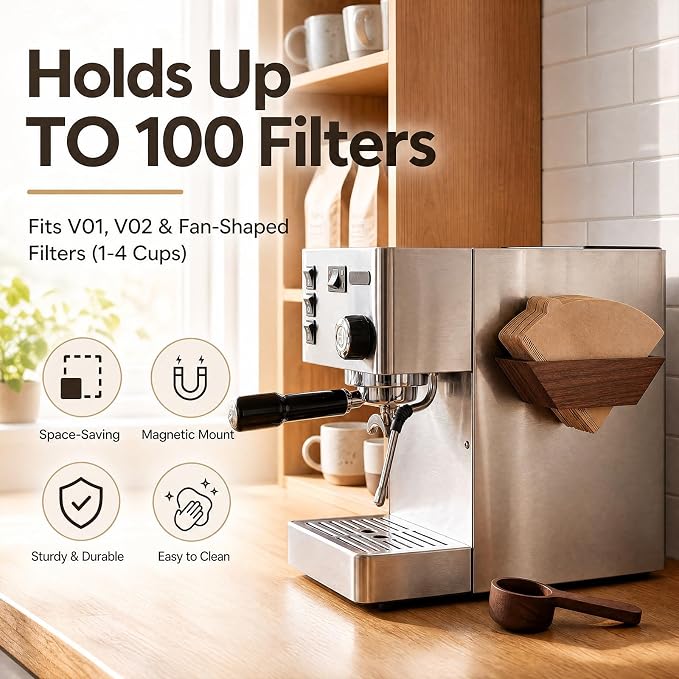 Magnetic Coffee Filter Holder Set, Walnut Wood Cone Coffee Filter Storage - Image 3