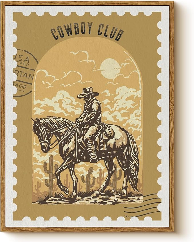 Vintage Cowboy Club Wall Art Framed Canvas Print 12x16, Western Rustic Horse by WHASAYART