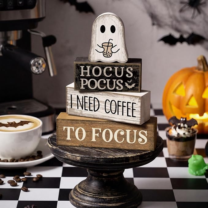 Lineshading 4 Pcs Halloween Coffee Table Decor Coffee Ghost Wooden Stack Block - Image 6