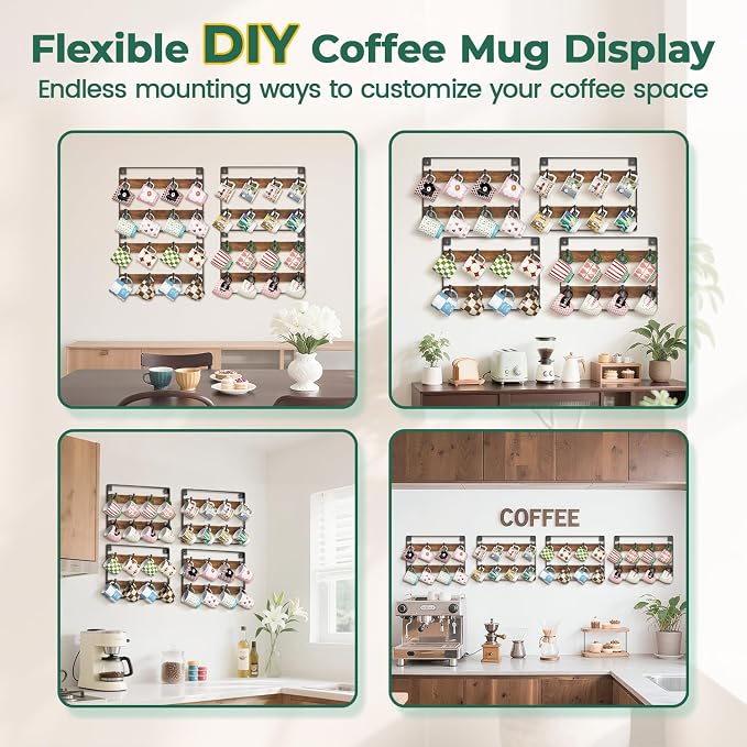 EsLuker.ly Mug Holder Hanger Rack Wall Mounted Wooden 4 Pack Coffee Cup Storage - Image 4