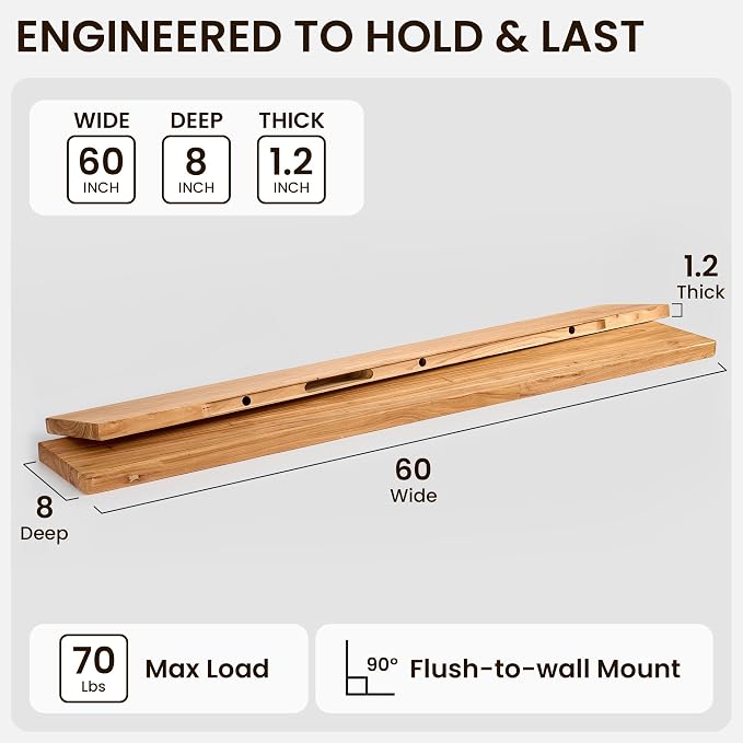 Fun Memories 60 Inch Floating Shelf, 8 Inch Deep Rounded Edge Reclaimed Elm - Image 2