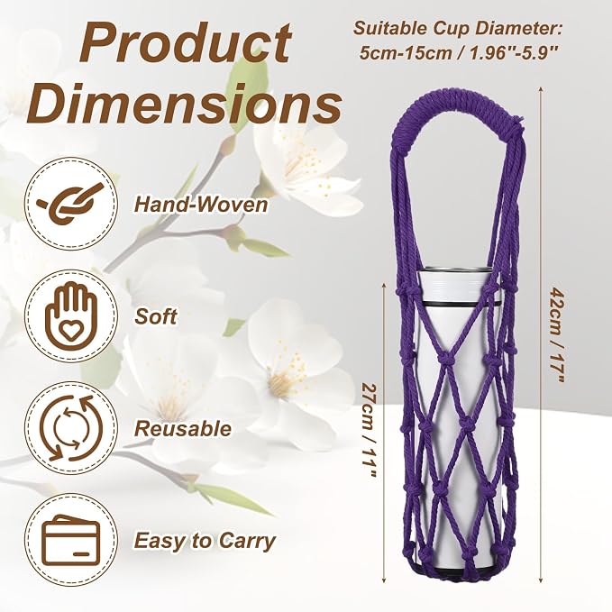 Crochet Water Bottle Carrier Bag, Handwoven Cotton Rope Cup Holder - Image 2