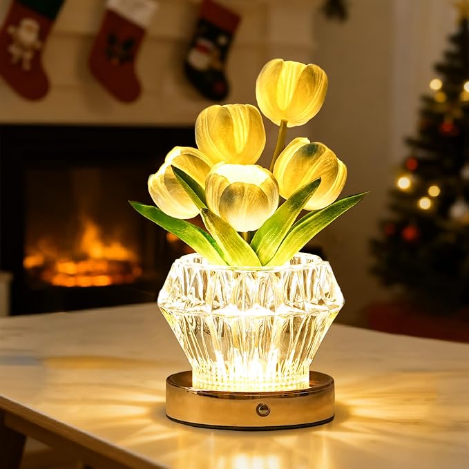 Blue Tulip Flower Lamp Diamond Vase, 3 Color Night Light Dimmable Touch Control - Image 9