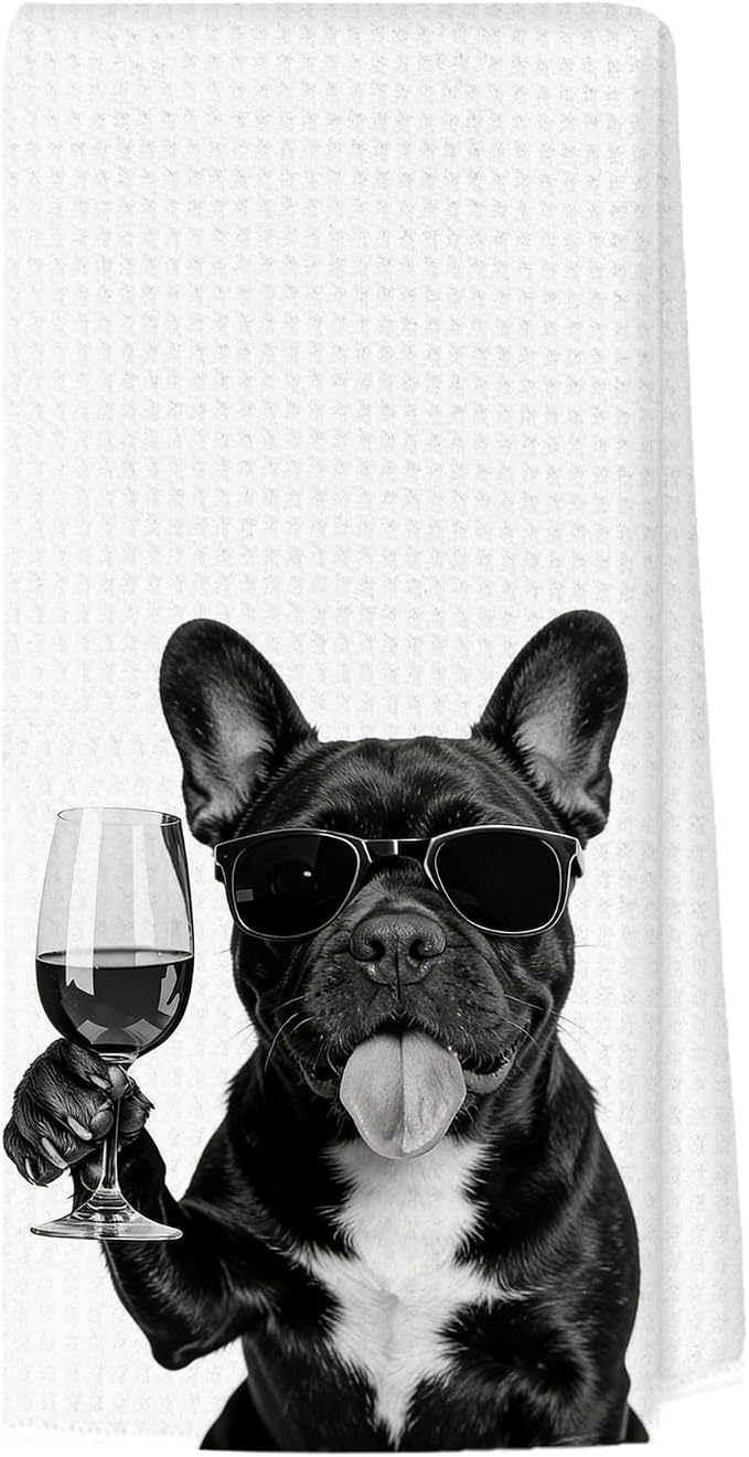 Funny French Bulldog Wine Bar Kitchen Towels, French Bulldog Gifts by Unknown