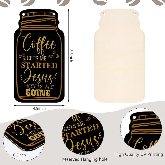 Jetec 3 Pcs Coffee Bar Decor Sign Mason Jar Wall Hanging Plaque Farmhouse - Image 3