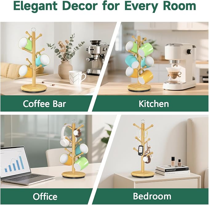 EsLuker.ly Mug Holder Tree Bamboo 360° Rotating Coffee Cup Display Rack - Image 8