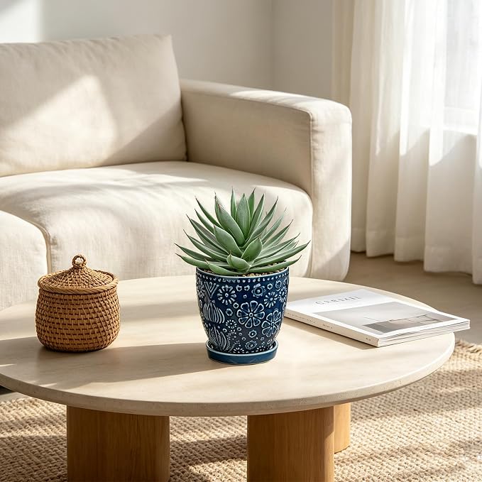 Briful Artificial Succulent Plant in Navy Blue Ceramic Planter - Image 2