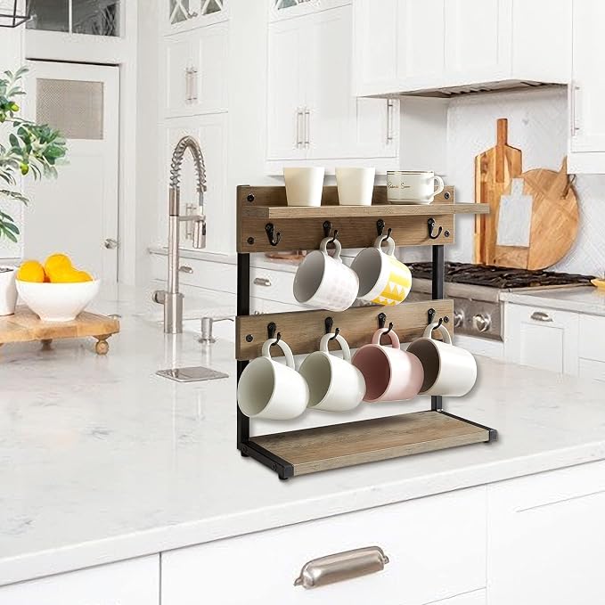 IBUYKE Rustic Coffee Mug Holder Stand, 2 Tier Countertop Mug Tree Holder Rack - Image 3