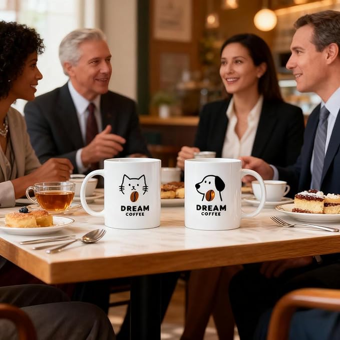Coffee Mug Set of 2 Cute Cat and Dog Ceramic Coffee Mugs “Dream Coffee”Cute - Image 3