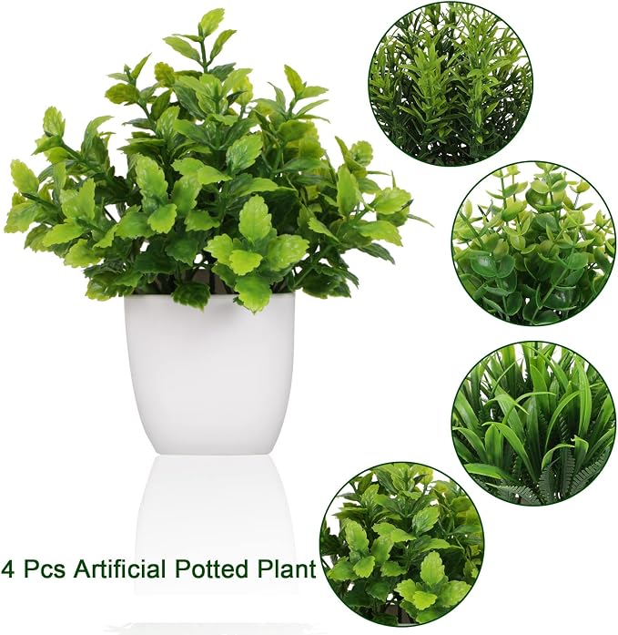 Yoratee 4 Pot Small Fake Plant Flowerpot Artificial Plastic Eucalyptus Plant - Image 3