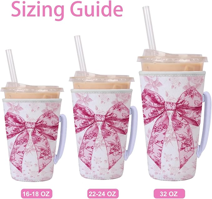 Pink Bow Reusable Insulated Iced Coffee Cup Sleeve, Bow Floral Insulated Cup - Image 2