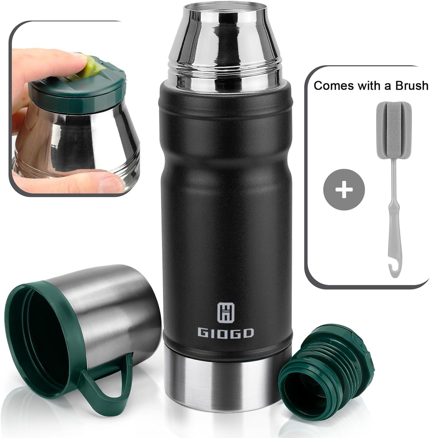 Vacuum Insulated Water Bottle Thermo Water Flask with Cup 680ml/23oz Stainless Steel Thermal Water Bottles Thermo for Hot and Cold Drinks Coffee Water(Black,Single)