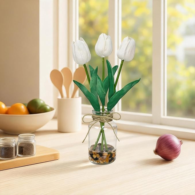 2 Packs Faux Flowers Artificial Tulips in Glass Vase - Image 4