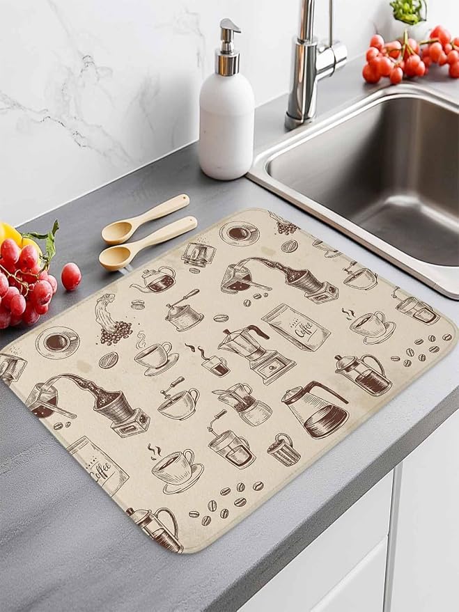 Coffee Dish Drying Mat 18x24 inch Vintage Coffee Beans Brewing Equipment Linen - Image 8