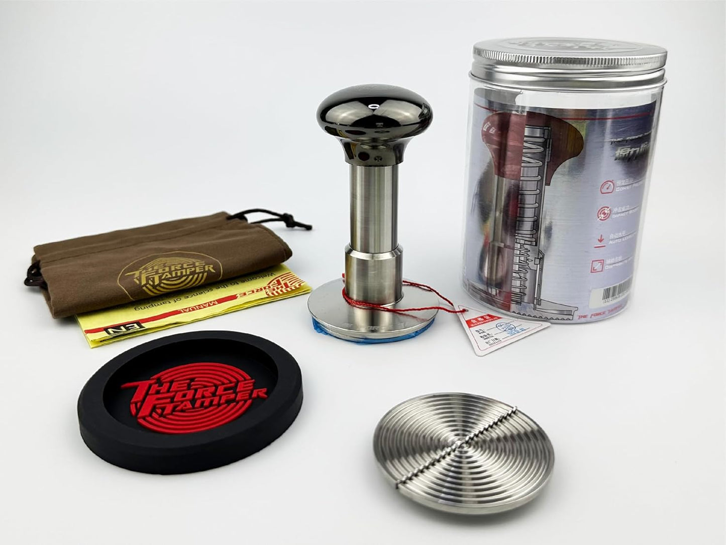 The Force Tamper Automatic Impact Adjustable Constant Pressure and Autoleveling Coffee Tamper Black Mirror Jellyfish AL Handle Set Pro (Ripple-Distribute, 58.50mm)