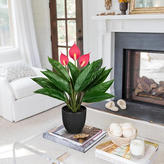 GnFlus 20'' Realistic Pink Anthurium Artificial Plant, Fake Potted Plants - Image 3