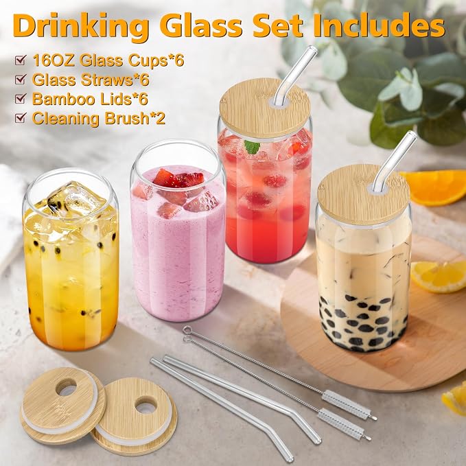 sungwoo 6PCS Glass Cups with Bamboo Lids and Straws, 16OZ Ice Coffee Cup - Image 2