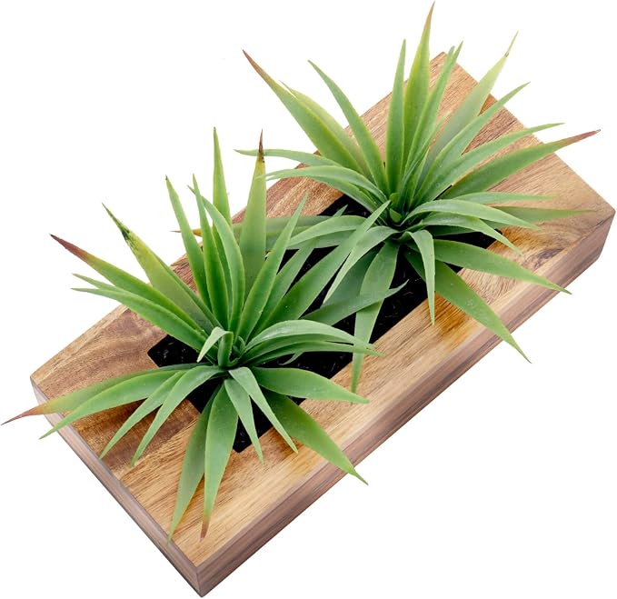 MyGift 10 Inch Artificial Green Grass Plants in Deluxe Acacia Solid Wood - Image 5