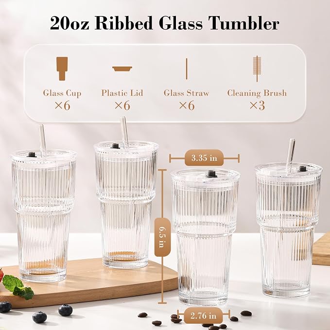 GOSCHE 20oz Glass Cups with Lids and Straws, Reusable Iced Coffee Cups - Image 6