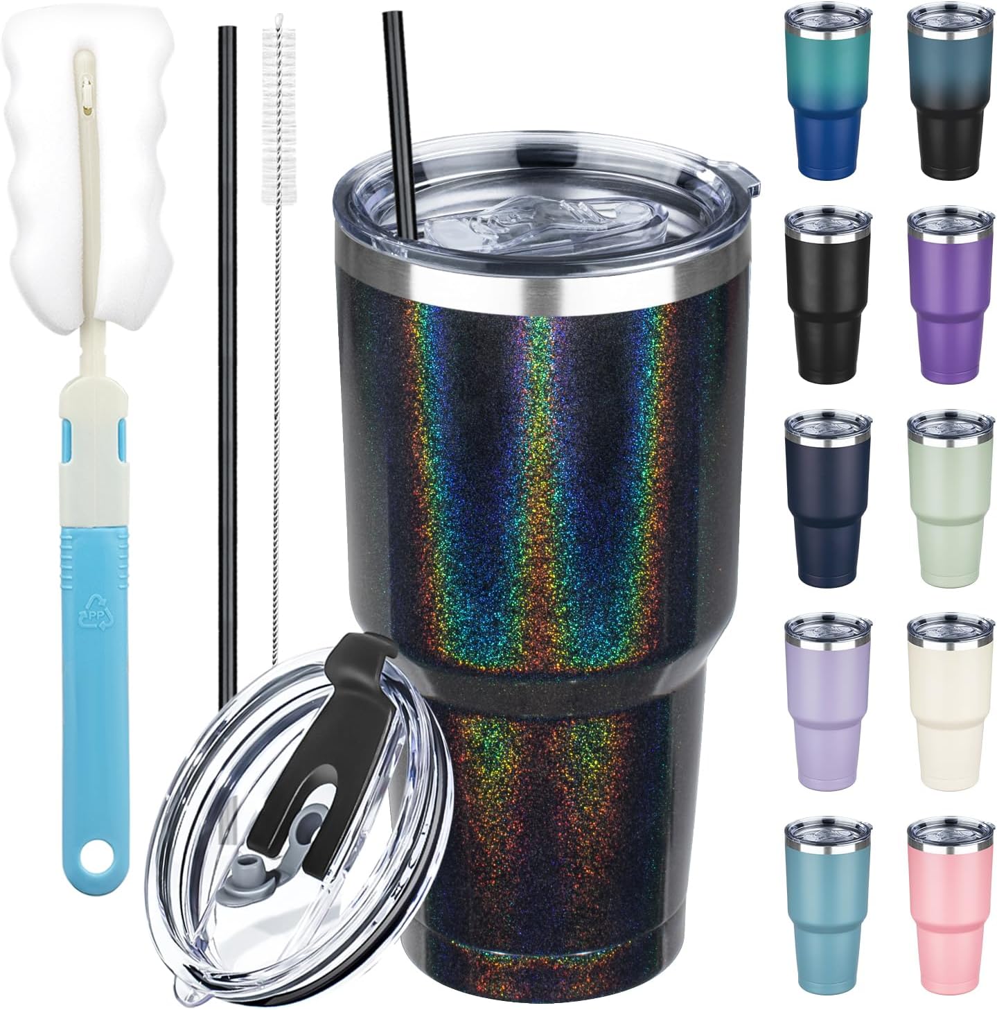 30 oz Tumbler with Lids and Straws, Stainless Steel Insulated Coffee Tumbler, Double Wall Vacuum Insulated Travel Mug Cup, Leakproof Thermal Coffee Cup for Hot and Cold Drinks (Glitter Black)