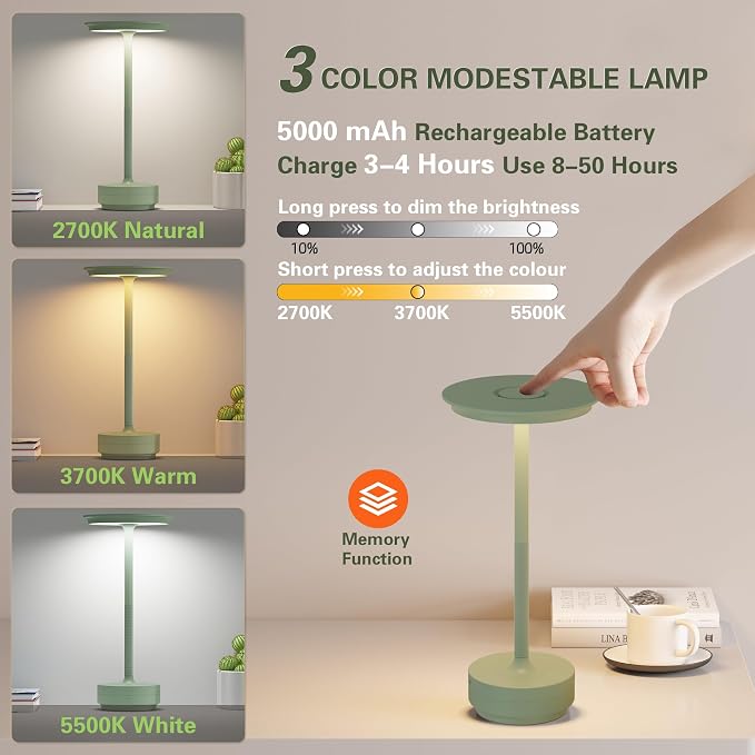 Cordless Rechargeable Table Lamps, Portable Battery Desk Lamp IP54 Waterproof - Image 3