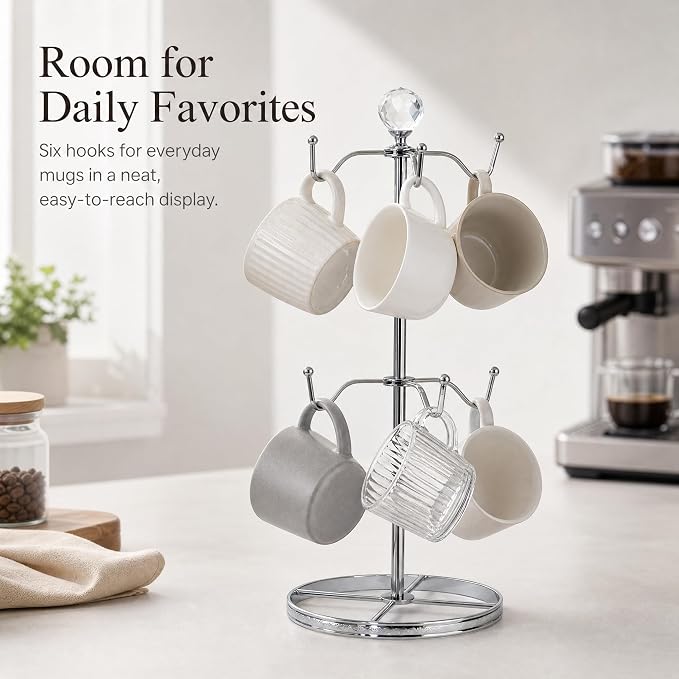 Mug Tree Coffee Cup Holder for Counter Top 6 Hooks | Double Tier Metal Mug Tree - Image 3