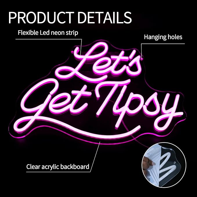 Let's Get Tipsy Neon Sign for Room Decor Dimmable Letters Led Lights Signs Pink - Image 6