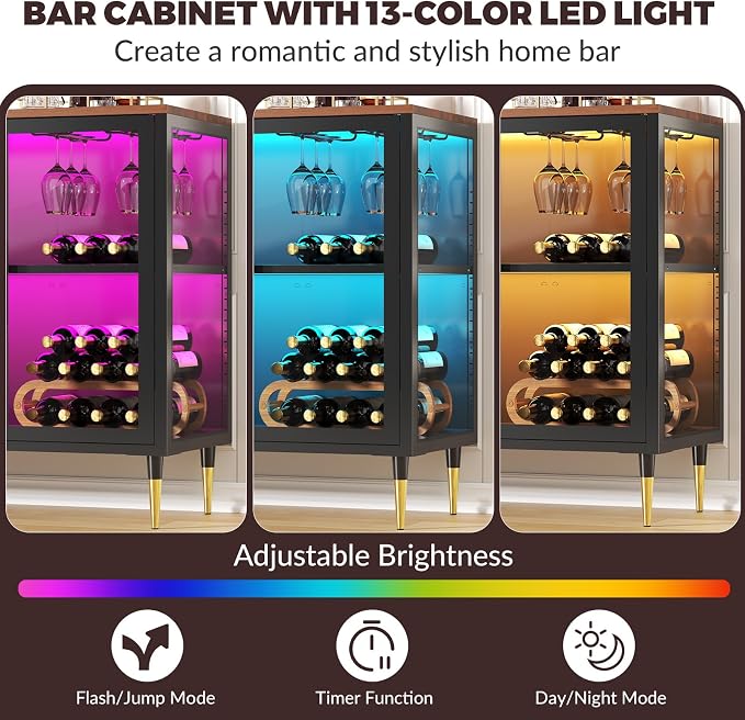 Wine Bar Cabinet with LED Lights, Metal Wood Home Coffee Bar Cabinet with Glass - Image 5