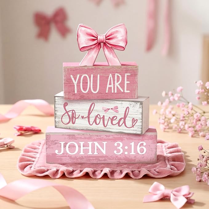 Lineshading 4 Pcs Pink Bow Decor Christian Table Decor Wooden Block Signs Set - Image 7