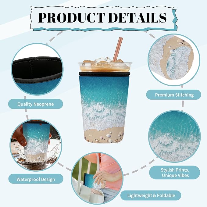 Beach Wave Iced Coffee Cup Sleeve 3 Pack, Ocean Reusable Neoprene Holder - Image 4