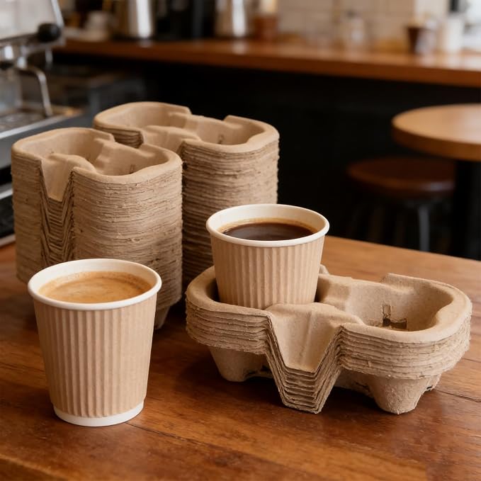 KEILEOHO 2 Cup Carrier Tray 100 Pack Pulp Fiber Drink Carrier, Disposable Cup - Image 4