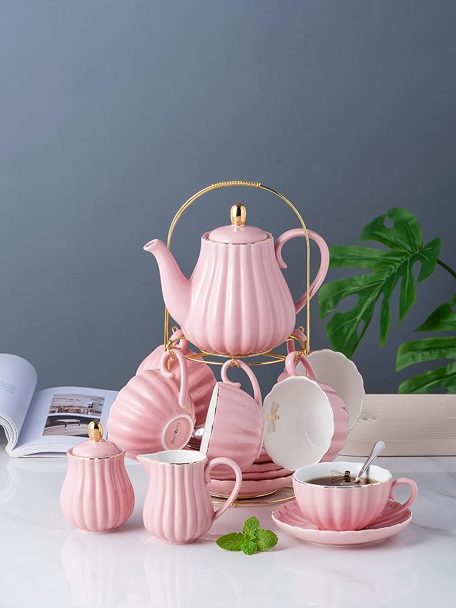 Jusalpha Service for 6- Fine China Pink Coffee Cup/Teacup Set, 8 OZ Cups& Saucer - Image 3