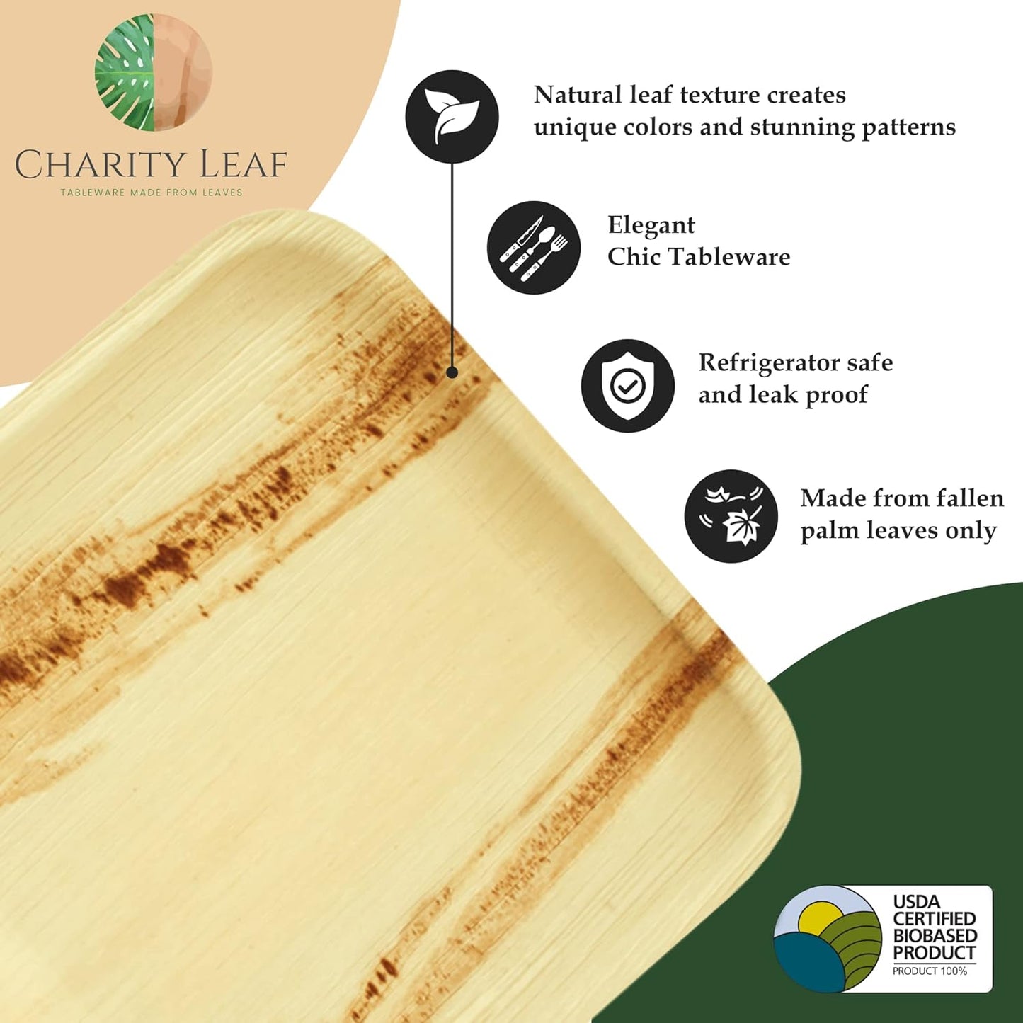 Charity Leaf 10-Pack 22"x12" Palm Leaf Trays | Eco-Friendly, Compostable Platters for Weddings, Charcuterie Boards & Events