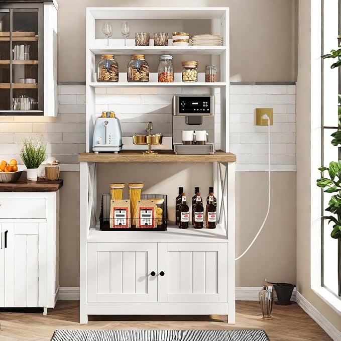DWVO White Baker Rack with Power Outlet and Storage, Farmhouse Microwave Stand by DWVO