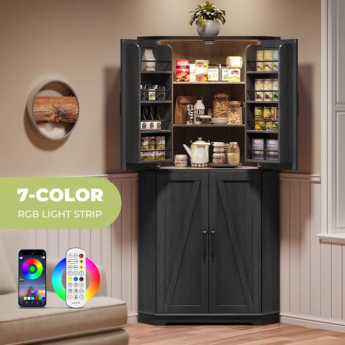 Dripex 71" Black Corner Pantry Cabinet, Farmhouse Tall Storage Cabinet - Image 5