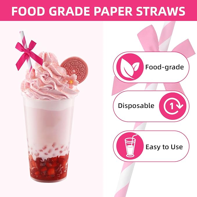20pcs Rose Red Bow Straw, 7.7inch Biodegradable Cute Paper Cake Pops Treat - Image 4