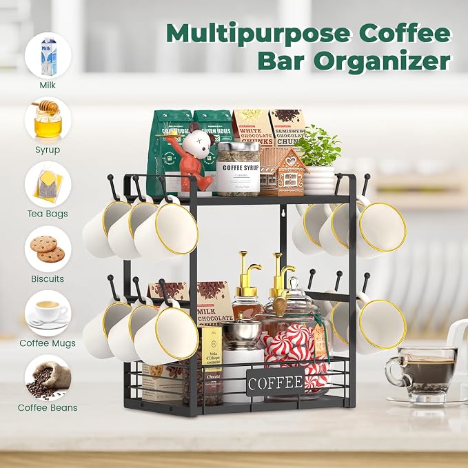 EsLuker.ly Coffee Mug Cup Holder Tree Bar Station Organizer, 2 Tier Mug Stand - Image 4