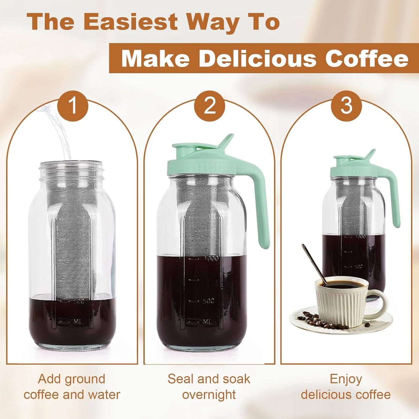 Cold Brew Coffee Maker，64 oz Wide Mouth Mason Jar Pitcher with Stainless Steel Filter, Pour Spout Handle Lid, Heavy Duty Glass Airtight & Leak-Proof Pitcher for iced coffee & Tea Lemonade-Green