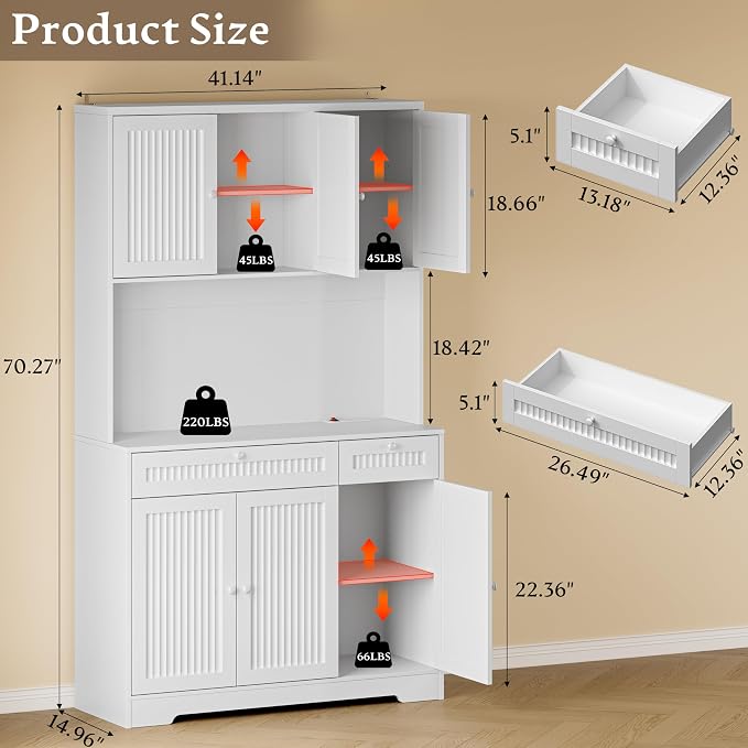 BORNOON Pantry Cabinet with Charging Station and Light, Tall Kitchen Pantry - Image 2