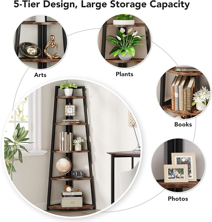 Tribesigns 70 inch Tall Corner Shelf, 5 Tier Rustic Corner Bookshelf Bookcase - Image 6