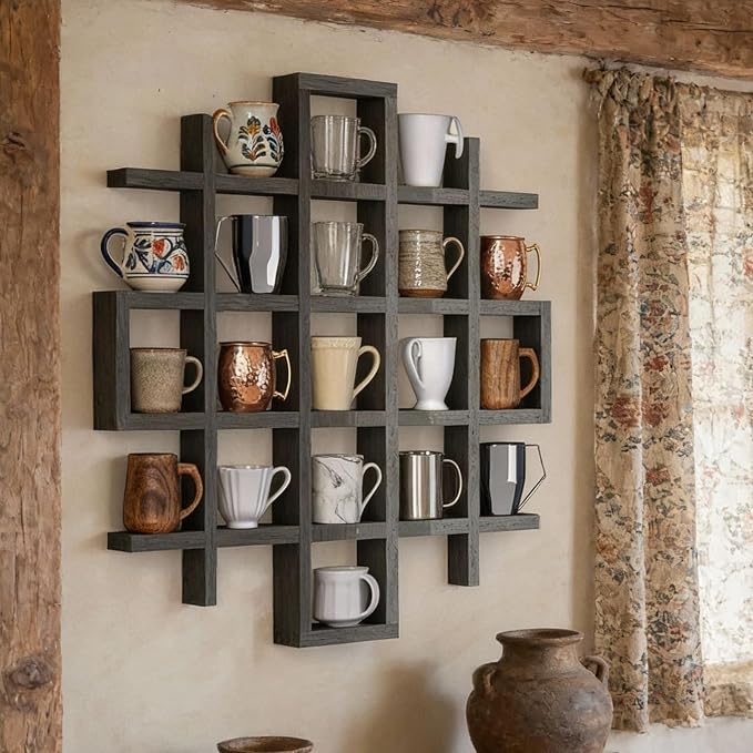 Suzile Oversize Coffee Mug Display Rack Wooden Display Shelves Rustic Wooden - Image 3